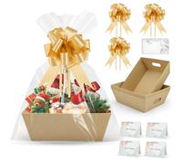 Nagoyuki 4 Set Large Gift Basket Hamper Kit, 25 x 21CM Gifts Baskets with Bows Cellophane Bags Greeting Cards for Wedding Birthday Christmas Valentines Holiday Party Favors (Yellow)