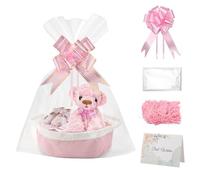 Nagoyuki Gift Basket Hamper Kit,Rope Basket Empty Baby Gift Baskets Kit with Bows Cellophane Bags Greeting Cards Shredded Paper Woven Baskets for Baby Shower,Wedding, Birthday (Pink)