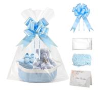 Nagoyuki Gift Basket Hamper Kit,Rope Basket Empty Baby Gift Baskets Kit with Bows Cellophane Bags Greeting Cards Shredded Paper Woven Baskets for Baby Shower,Wedding, Birthday (Blue)