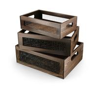 Nagoyuki Set of 3 Wooden Rustic Nesting Boxes, 3 Size Wooden Storage Box with Handle and Metal Wire, Wood Wire Containers with Handle for Countertop, Fruit, Pantry Storage,Gift Bas