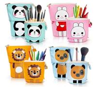 Nagpew 4 Pack Telescopic Pencil Case, Cute Cartoon Standing Stationary Pouch with Zipper, Spacious Portable Pop up Pencil Holder Bag for Office