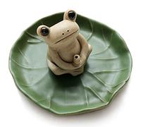 NAGU 100% Handmade Ceramic Small Frog Incense Burner Holder, Lotus Leaf Tray, Mini Cute Animal Statue Home Incense Holder