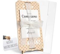 nagu First Holy Communion Gifts for Boy or Girl Personalised Gift Card for Communion or Guest Gifts Wedding Wooden with Bow, Envelope, Holder and Letters to Give Photo or Money