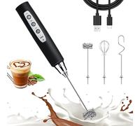 Nahida Black Milk Frother Wand for Coffee, Frother Handheld Rechargeable Electric Whisk Drink Mixer with 3 Heads 3 Speeds Coffee Frother Electric Stirrer For Latte, Cappuccino, Hot Chocolate