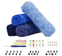 NAHUAA 4 x 100g Chenille Yarn Velvet Yarn Chunky Crochet Fluffy Yarns Blue Style Thick Wools for Knitting Crocheting with Needles/Eyes/Noses for Beginners Clothes Scarves DIY Knitted