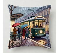 NAHUIGOOD Cross Stitch Cushion Covers Kits,Bus Stop On A Rainy Day 45X45Cm Tapestry Canvas Pillowcase Kit for Creative Home Décor,DIY Craft Needlework Pillowcase Kits for Kids Adults