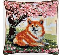 NAHUIGOOD Cross Stitch Pillow Kit Shiba Inu Under The Cherry Tree 45X45Cm Needlepoint Cushion Kit for Creative Home Décor