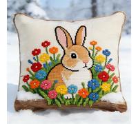 NAHUIGOOD Stamped Cross Stitch Pillow Kits,Rabbit in The Flowerbed 45X45Cm Embroidery Pillowcase 11Ct Counted Needlepoint Handmade Cushion Cover Cross Stitch Cushion Cover Embroidery Kit Pillow Cases