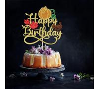 Naicaek Pumpkin Happy Birthday Cake Topper,Autumn Fall Harvest Maple Leaves Pumpkin Turkey Birthday Themed Baby Shower,Happy Thanksgiving Birthday Party Supplies Gold Glitter