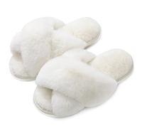 Naichuo Women's Fuzzy Cross Band Plush Slippers Memory Foam House Slippers Fluffy Furry Open Toe Cozy Bedroom Shoes(White,UK 5-6)
