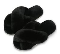Naichuo Women's Fuzzy Cross Band Plush Slippers Memory Foam House Slippers Fluffy Furry Open Toe Cozy Bedroom Shoes(Black,UK 9-10)