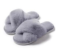 Naichuo Women's Fuzzy Cross Band Plush Slippers Memory Foam House Slippers Fluffy Furry Open Toe Cozy Bedroom Shoes(Grey,UK 5-6)