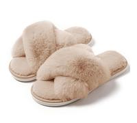 Naichuo Women's Fuzzy Cross Band Plush Slippers Memory Foam House Slippers Fluffy Furry Open Toe Cozy Bedroom Shoes(Beige,UK 9-10)