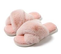 Naichuo Women's Fuzzy Cross Band Plush Slippers Memory Foam House Slippers Fluffy Furry Open Toe Cozy Bedroom Shoes(Pink,UK 7-8)