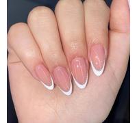 Nail almond press shines French tips. Fake acrylic false artificial glue women design fake nails
