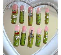 NAIL ANGEL ZJ07-M 10pcs Handmade Press On Nails Metal Glitter Rhinestone Green Leopard Print Crystal Cherry Gemstone Long Party Nails XXL Long Fake Tips ZJ-07