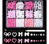 Nail Art Accessory Kit with Pearl Bow Heart Flower Charms - Pink White Light Pink Decorations for DIY Manicure and Professional Nail Artists in 12-Compartment Storage Box with Tweezer and Wax Pencil