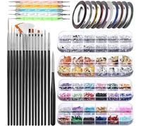 Nail Art Brush, 3D Nail Art Decorations Kit with Nail Pen Designer Dotting Tools Colors Holographic Butterfly Nail Glitter Foil Flakes Nail Tape Strips and Multi-Color Nails Rhinestones (A)