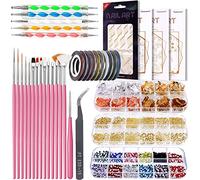 Nail Art Brushes Kit, 3D Decorations with Dotting Tools Rhinestones, Striping Tape for Acrylic Nails with Glue-and Pen and Charms Bulk