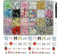 Nail Art Charms, 24 Grids Mixed Gems And Charms 3D Kawaii Flower Bows Hearts, White Pearls Colorful Rhinestones Bling Nail Jewelry For Diy Manicure Decoration With Tweezers And Picker Pen