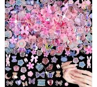 Nail Art Decorations Kit - 400Pcs 3D Nail Stickers with Bows, Hearts, Stars, Flowers, Butterflies, Rabbits, Bears, Moons for DIY Crafts and Designs, Transparent Resin Embellishments in Pink Purple