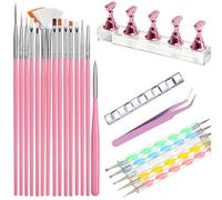 Nail Art Design Tools 23Pcs Set,Nail Stand for Press on Holder for Painting Nails,15 Pcs Nail Art Painting Brushes, 2-way Acrylic Silicone Engraving Pen 5 Pcs Double-end Nail Dotting Tools