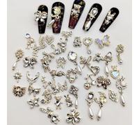 Nail Art Hearts and Bows,50PCS Mixed 3D Gold Pearl Rhinestones Bowknot Luxury Dangle Nail Art Charms (C Mixed Pattern Gold)