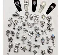 Nail Art Hearts and Bows,50PCS Mixed 3D Silver Pearl Rhinestones Bowknot Luxury Dangle Nail Art Charms (C Mixed Pattern Silver)