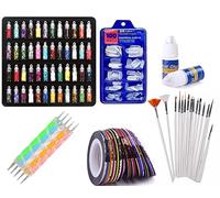 Nail Art Kit - 48 Pcs Glitter Stones Bottles, 100 False Nails, 10 Nail Tapes, 15 Nail Art Brushes, 5 Nail Dotting Pens & 2 Nail Glues | Complete DIY Nail Decoration Set