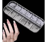 Nail Art Pearls Multi Sizes 3D Nail Charms White Flatback Pearls for Women Round and Half Round Manicure Supplies DIY Crafts Decorations (1 Box/12 Grids)