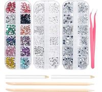 Nail Art Rhinestones and Nail Gems 3 Boxs, Flat Nail Crystals Clear Rhinestones Mix Sizes with 2 Rhinestone Picker Tool Pens, 2 Nail Wooden Sticks and 1 Pink Tweezer
