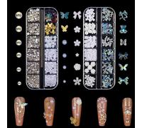 Nail Art Rhinestones and Pearls,2 Boxes Butterfly Bowknot Bow Flower Nail Charms,Aurora Bear 3D Nail Decorations Supplies for Nail Art Design DIY Crafting Party Daily Wedding