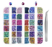 Nail Art Rhinestones Kit, Multicolour Crystal Gem Dia Craft Accessory Flat Back Rivet, Half Round, Horse Eye Diamonds with Pickup Tweezer for Nail Decoration Facial Make Up