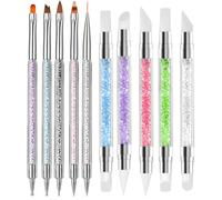 Nail Art Sculpture Pen Set, 10 Pieces Nail Art Dotting Tools with Rhinestone Handle Gel Carving Brush Double Tip Silicone Brush Dotting for Gel Acrylic Resin Nail Design, Modelling Drawing