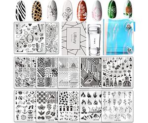 Nail Art Stamping Plates Kit, 12Pcs Nail Stamping Plates,1 Silicone Stamper, 1 Scraper,1 Storage Bag,Manicure Tool Kit for DIY Nail Art Designs,Summer Rose Flower Animal Mandala Mermaid Christmas