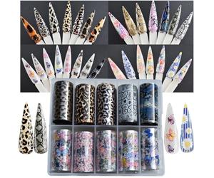 Nail Art Transfer Foils Collection,40 Rolls Nail Art Foils Transfer Stickers Set Floral Flower Patterns,Leopard Animal Print,Snake Skin,Butterfly Patterns Nails Foil Adhesive Decals 40 Designs
