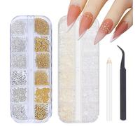 Nail Charms,2 Boxes Flackback Pearl Nail Charms and Gold Silver Caviar Beads for Nails with Pickup Pencil and Tweezer,Nail Pearls Nail Rhinestones for Nail Art Design Decorations (A Pattern)