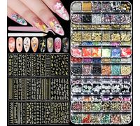 Nail Charms, 7 Boxes 3D Butterfly Bowknot Flower Nail Gems with 30 Sheets Gold Nail Stickers, Colorful Nail Rhinestones with Tweezer and Wax Pencil, Nail Pearls for Nail Art Design, DIY Crafting