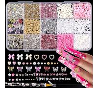 Nail Charms & Gems Kit - 15-Grid 3D Nail Art Decorations with Tools | pink sliver gold Nail Gems and Nail Accessories with bows, butterflies, pearls and rhinestones for Y2K Kawaii style