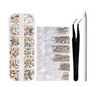 Nail Charms, Nail Charms And Gems Nail Gems with 12 Grids with 6 Grids Bag Packed Picker Dotting Pen Set Multi Size Rhinestones Glass Nail Flat Back AB Crystal Gems Long Bar Nail