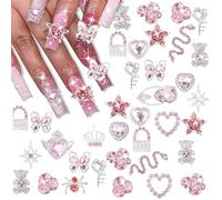 Nail Charms Y2K Nail Art Rhinestone Pendant 3D Cute Butterfly Heart Bear and Star with Rhinestones Pouch Nail Gems Shiny Jewelry Nail Decorations Accessories Accessories (Pink)