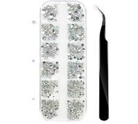 Nail Gems, Flat Back Crystal Rhinestones with Pick Up Tweezer for Nail and Face Art, Craft Decoration, 1500Pcs, 3 Sizes