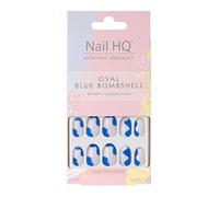 Nail HQ Oval Blue Bombshell False Nails, Pack of 24, Blue Swirl Design with Nail Glue