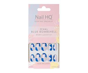 Nail HQ Oval Blue Bombshell False Nails, Pack of 24, Blue Swirl Design with Nail Glue