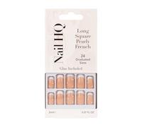 Nail HQ Press On Nails - Long Square Pearly French Nails, 24 Durable Glossy Finish False Nails for Salon-Quality Manicure at Home