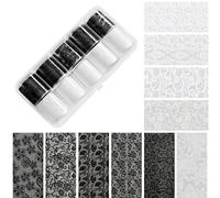 Nail Lace Stickers - 10 Rolls Black White Self Adhesive Nail Foil Transfer Set, DIY Full Coverage Lace Art Decals for Home Salon Travel Women Girls Beginners Professional Na-il Decoration Kit