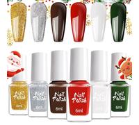 Nail Polish Set Quick Dry - 6 Colors Christmas Red Green Glitter Gold Silver White Brown Nail Varnish Kit - High Pigmented Glossy No Need UV Nail Paint for Women Girls DIY Nail Art 6ml