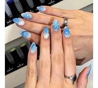 Nail Reformation Press On Nails, 3D Blue Flower Almond False Nails, Reusable Stick On Nails for Women Ocean(K256（30pcs）)