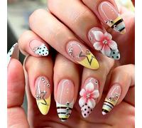 Nail Reformation Press On Nails, 3D Flower Color Block Almond False Nails, Reusable Stick On Nails for Women Art(B304（24pcs）)