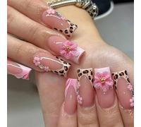 Nail Reformation Press On Nails, 3D Flower Leopard Square False Nails, Reusable Stick On Nails for Women Art(B309（24pcs）)